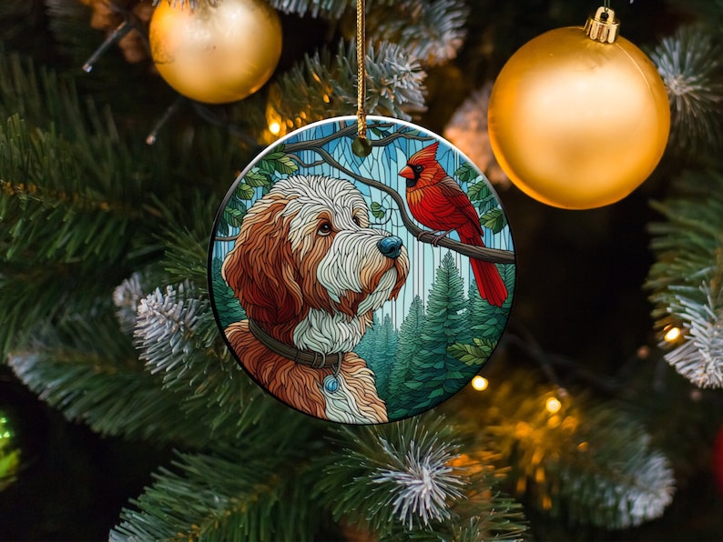 Cardinal and Bernedoodle Dog Ceramic Ornament, Oil Paint Style Design, Cardinal Lovers Gift, Mothers Day, Bird Lovers, Custom Crafted Design