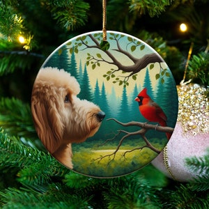 Cardinal and Goldendoodle Ceramic Ornament, Oil Paint Style Design, Cardinal Lovers Gift, Mothers Day, Bird Lover, Red Cardinal and Dog Gift