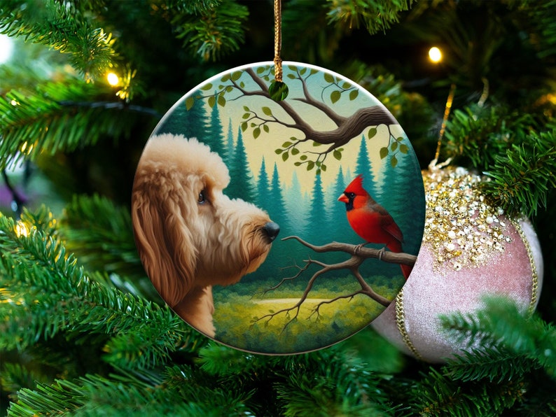 Cardinal and Goldendoodle Ceramic Ornament, Oil Paint Style Design, Cardinal Lovers Gift, Mothers Day, Bird Lover, Red Cardinal and Dog Gift