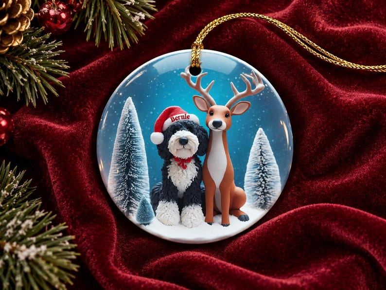 May include: A round ceramic Christmas ornament featuring a black and white dog wearing a red Santa hat with the name Bernie printed on it, sitting next to a brown deer in a snowy forest with pine trees under a blue sky with a gold string.