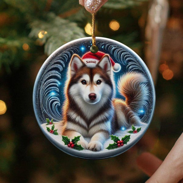 Personalized Husky Ornament, Ceramic Dog Keepsake | Two-Sided Sublimation | Brown White Pet Decor | Christmas Tree Gift