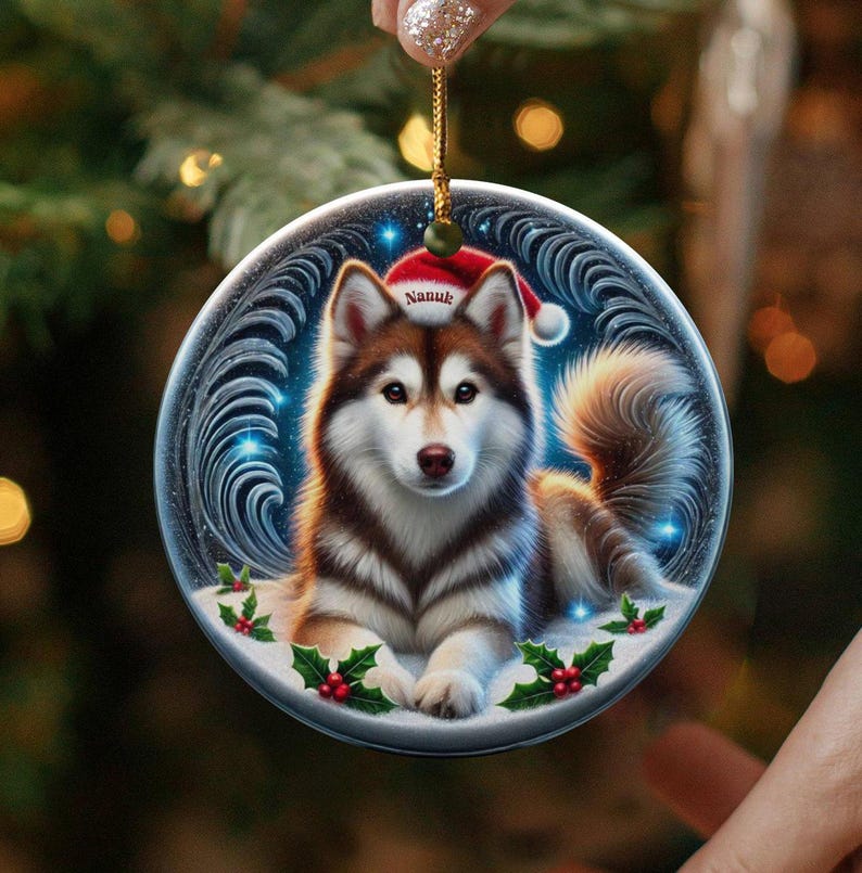 Personalized Husky Ornament, Ceramic Dog Keepsake | Two-Sided Sublimation | Brown White Pet Decor | Christmas Tree Gift image 1