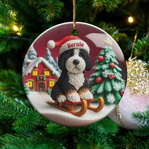 Custom Dog Ornament, Bernedoodle Sledding Keepsake | Sublimation Ceramic | 3 Inch Festive Decor, Santa Hat Doodle Gift image 8