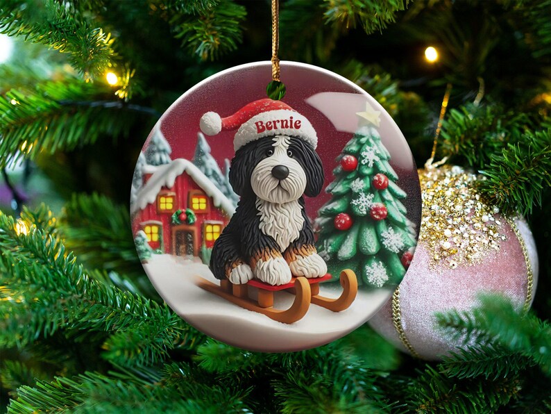 Custom Dog Ornament, Bernedoodle Sledding Keepsake | Sublimation Ceramic | 3 Inch Festive Decor, Santa Hat Doodle Gift image 8