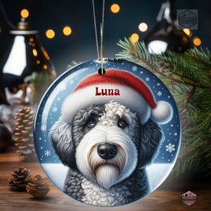 Sheepadoodle Ceramic Ornament, showcasing stunning blue eyes. Personalized ornament with your dogs name