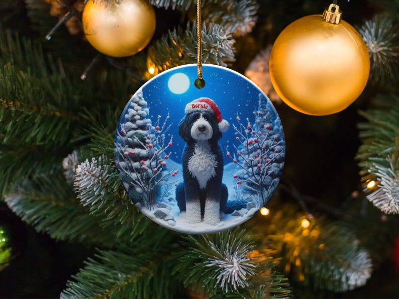 Christmas Tree Dog Ornament, Santa Hat Dog Decoration, Holiday Pet Keepsake, Festive Winter Scene, Unique Dog Lover Gift