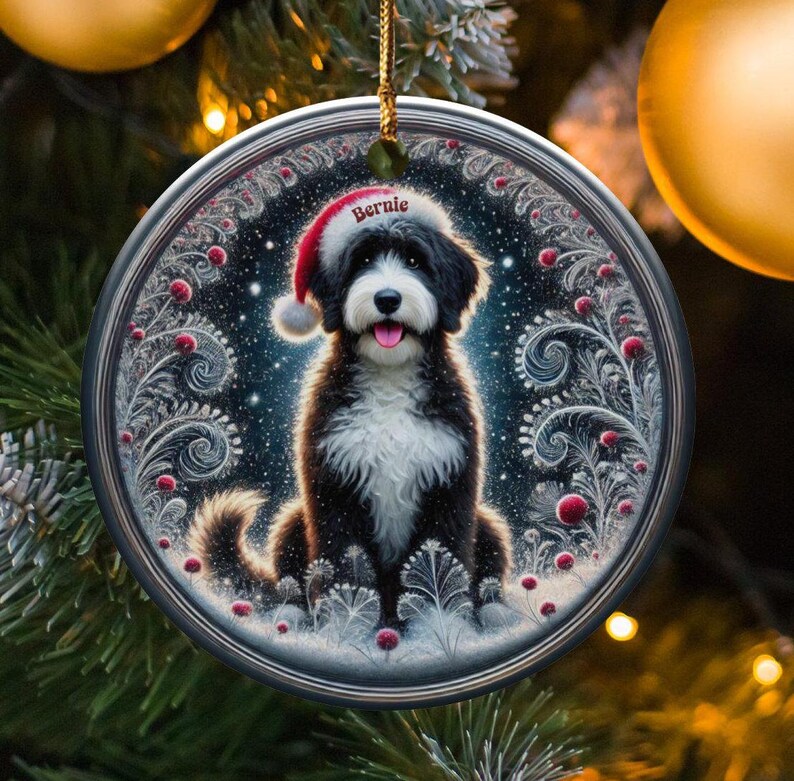 Dog Ornament Holiday, Personalized Bernedoodle Keepsake | Ceramic | Two-Sided Sublimation Print, Gold Hanger image 1