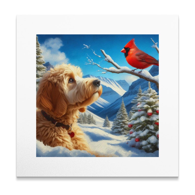 Cuadro de perro Doodle y cardenal, escena invernal. imagen 7