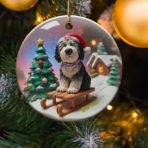 Ceramic Pet Ornament, Dog Sledding Gift - Santa Hat | Sublimation Printed | 3 Inch Christmas Tree Decor image 1
