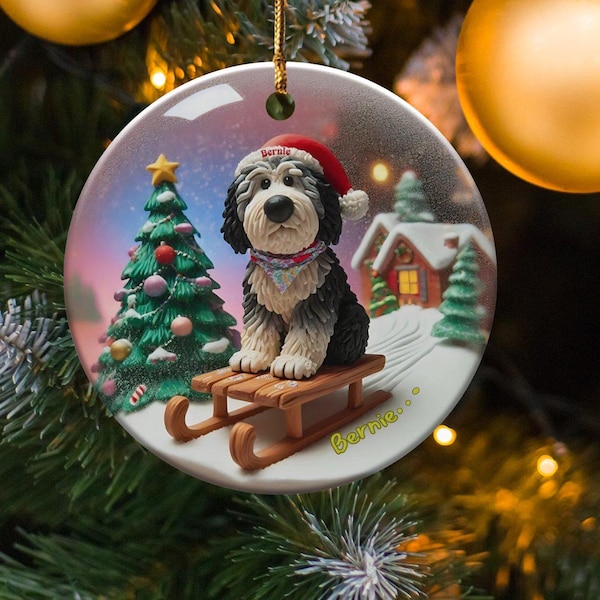 Ceramic Pet Ornament, Dog Sledding Gift - Santa Hat | Sublimation Printed | 3 Inch Christmas Tree Decor