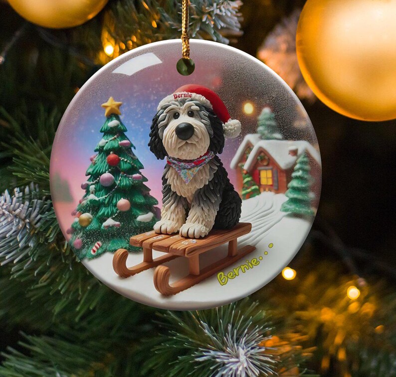 Ceramic Pet Ornament, Dog Sledding Gift - Santa Hat | Sublimation Printed | 3 Inch Christmas Tree Decor image 1