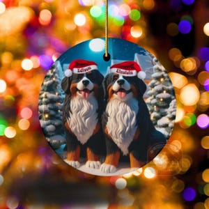 Op de afbeelding: Een ronde kerstversiering met twee Berner Sennenhonden met kerstmutsen. De honden, genaamd "Edison" en "Einstein", staan voor een besneeuwde winterachtergrond. De versiering heeft een gouden touwtje om op te hangen.