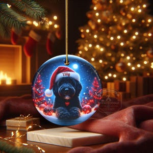 This festive ornament features an adorable black doodle wearing a Santa hat, surrounded by soft glowing holiday lights and rich red Christmas tones. The warm lighting highlights the dog’s fluffy black fur, giving the design a bright, cheerful look that stands out on any tree. A perfect personalized keepsake for anyone who loves black doodles and joyful holiday décor.