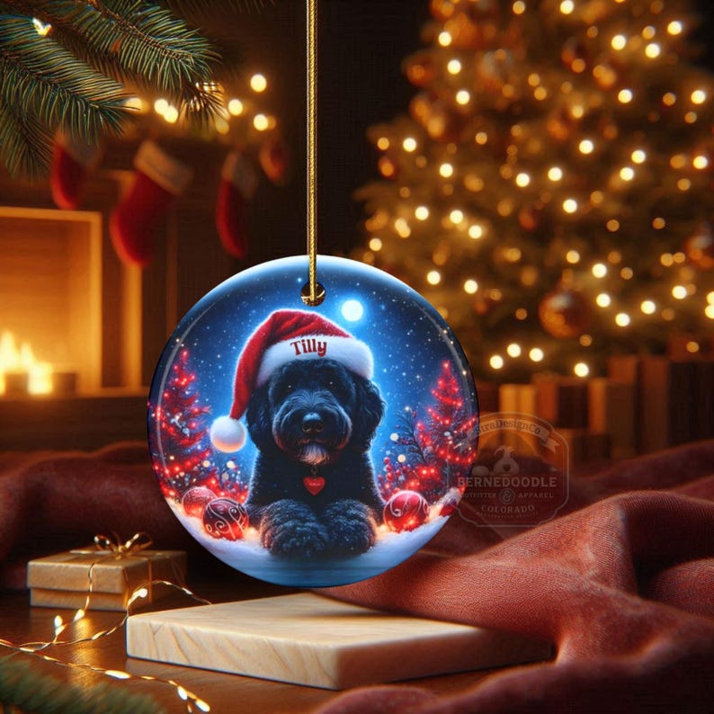 This festive ornament features an adorable black doodle wearing a Santa hat, surrounded by soft glowing holiday lights and rich red Christmas tones. The warm lighting highlights the dog’s fluffy black fur, giving the design a bright, cheerful look that stands out on any tree. A perfect personalized keepsake for anyone who loves black doodles and joyful holiday décor.