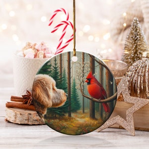 Cardinal and Goldendoodle Ceramic Ornament, Stained Glass Design, Cardinal gift, Mothers Day Gift, Bird Lovers Gift, Custom stained glass look, cardinal
