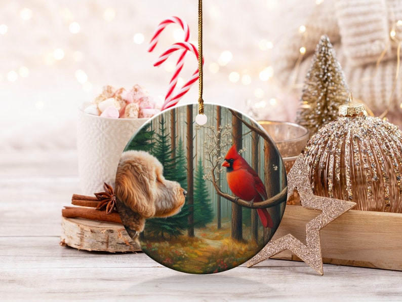 Cardinal and Goldendoodle Ceramic Ornament, Stained Glass Design, Cardinal gift, Mothers Day Gift, Bird Lovers Gift, Custom stained glass look, cardinal