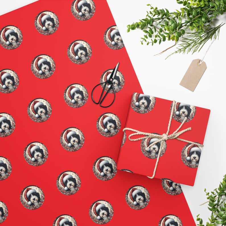 Red bernedoodle wrapping paper for Christmas