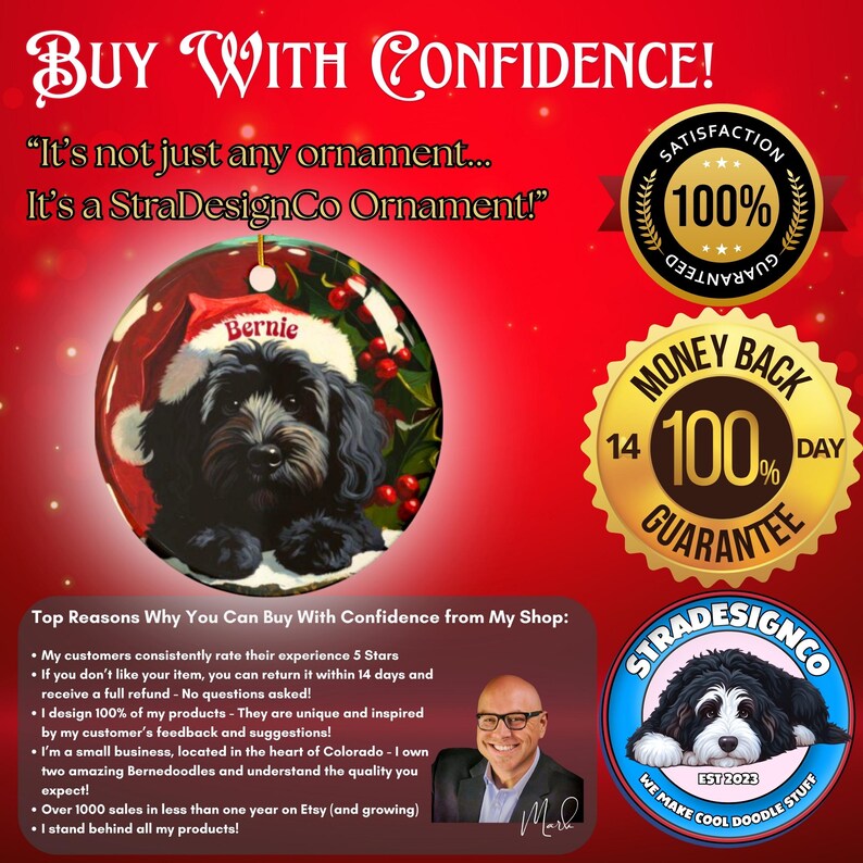 Peut inclure: Ornement de No&euml;l rond avec un chien Bernedoodle noir et blanc portant un chapeau de P&egrave;re No&euml;l, avec le nom "Bernie". L'ornement est sur un fond rouge avec le texte "Buy With Confidence!" et "StraDesignCo Ornament!"