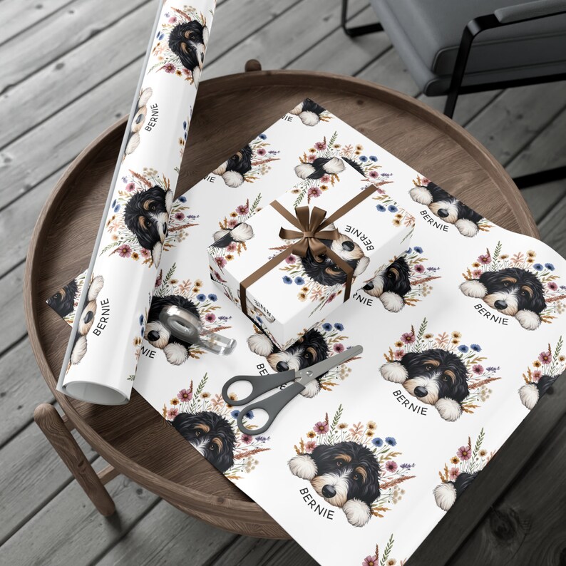 Bernedoodle Gift Wrap, Floral Dog Lover Wrapping Paper image 5