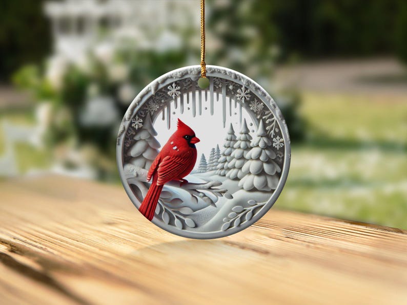 Ornement de Noël Cardinal : Scène d'hiver en céramique de collection image 8