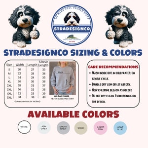 May include: Image featuring a light gray Gildan 18000 heavy blend sweatshirt with sizing and color information. The sizing chart is in inches. Available colors include white, ash grey, sport grey, sand, light pink, and light blue. Care instructions are also provided.