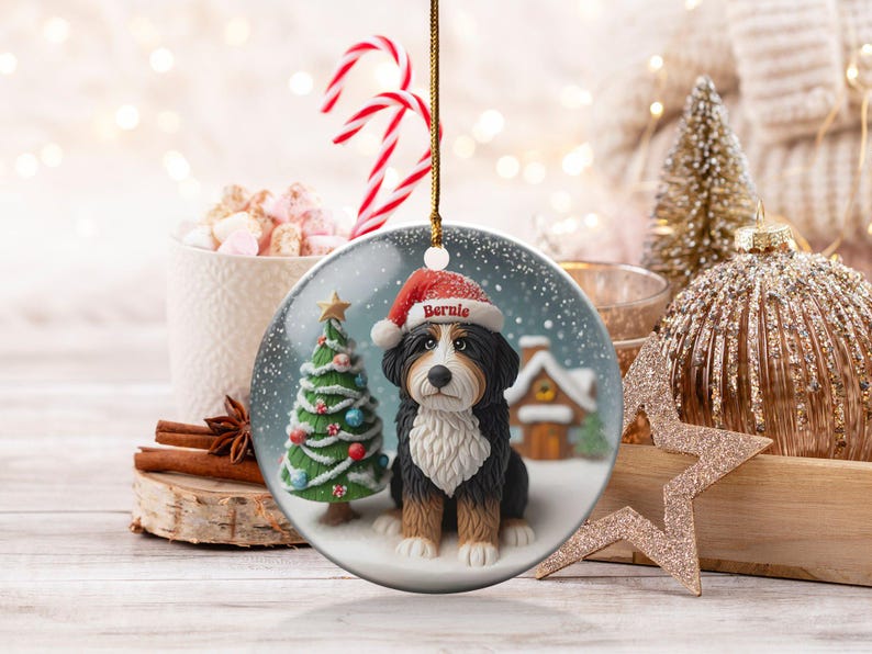 Bernedoodle Keepsake, Custom Name Ornament - Glossy Round Ceramic - Sublimation Printed Dog Lover Gift, Holiday Tree Decor image 6