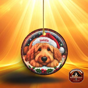 Ceramic golden doodle goldendoodle doodle dog ornament with impressive snow globe style design on both sides.  Excellent doodle mom gift.  Goldendoodle holiday heirloom gift and Christmas Tree Ornament!
