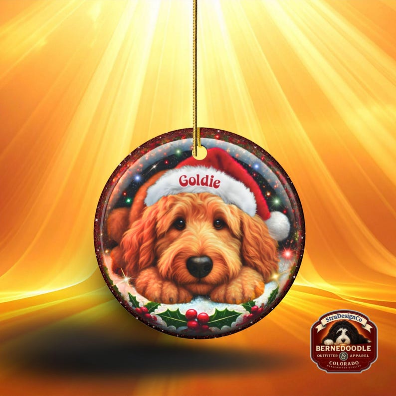 Ceramic golden doodle goldendoodle doodle dog ornament with impressive snow globe style design on both sides.  Excellent doodle mom gift.  Goldendoodle holiday heirloom gift and Christmas Tree Ornament!