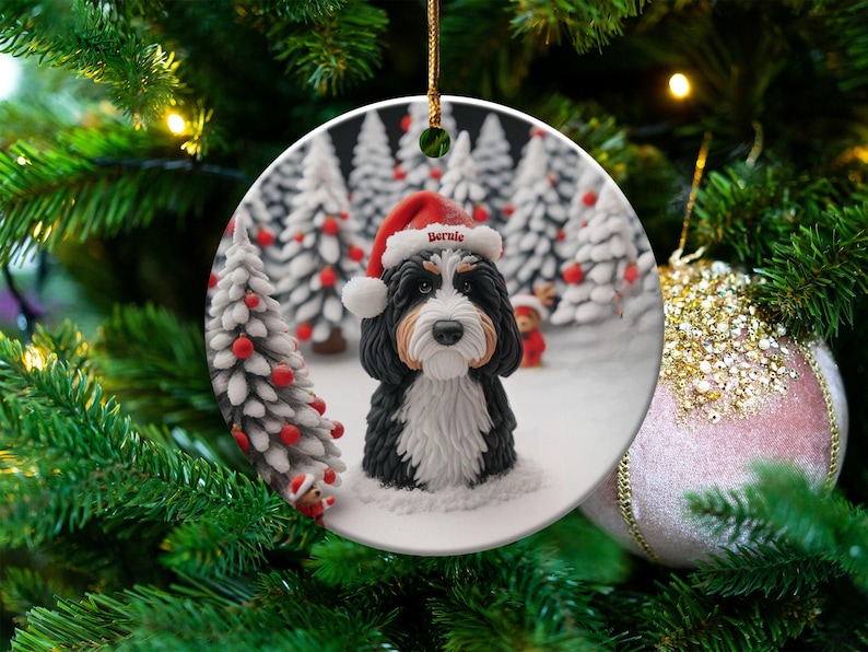 Bernedoodle Christmas Ornament, Two-Sided Doodle Decor | Sublimation Ceramic | Pet Owner Gift, Festive Holiday Keepsake image 1