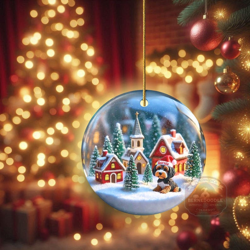 Snow globe style design personalized ceramic bernedoodle ornament with a warm backdrop Christmas dog ornament with festive winter scene.  Great gift idea for doodle moms and doodle dog lovers!