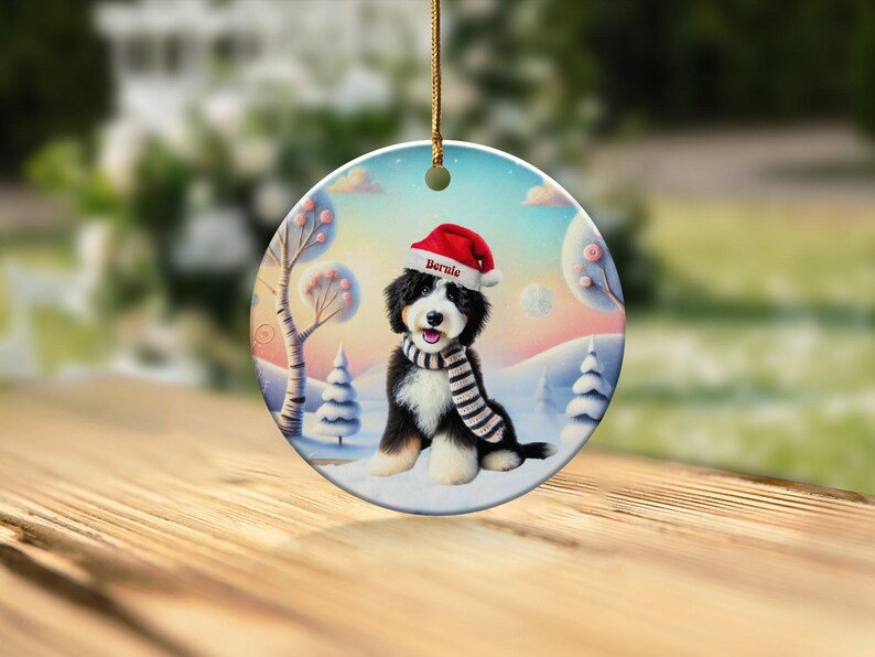 Bernedoodle Ornament, Personalized Ceramic Keepsake | Sublimation Christmas Tree Charm | Dog Lover Gift Gold String imagen 7