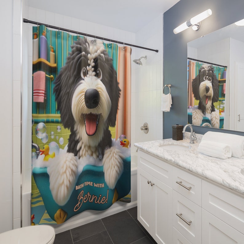 Bernedoodle shower curtain, personalized bath decor, custom dog curtain, pet name bathroom, durable polyester curtain, one-sided print decor, unique dog gift, cute bathroom accessory, dog lover home decor,bernedoodle bath, customizable shower curtain