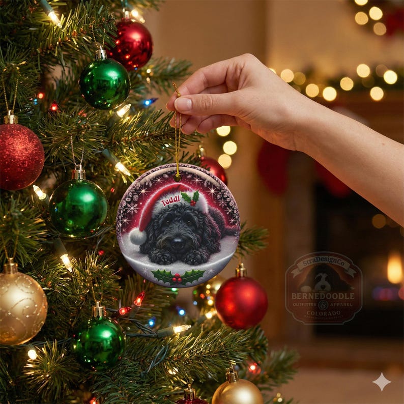 May include: A round Christmas ornament featuring a black dog wearing a Santa hat with the name "Teddi". The ornament is hanging on a Christmas tree with red and green ornaments and lights. The ornament has a gold string.