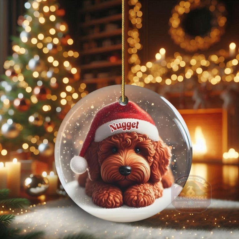 This ceramic ornament features a cute red mini-doodle golden doodle or goldendoodle dog wearing a Santa hat in a snow globe setting, surrounded by holiday decorations. Perfect for adding a festive touch to your Christmas tree or as a thoughtful gift for dog lovers.