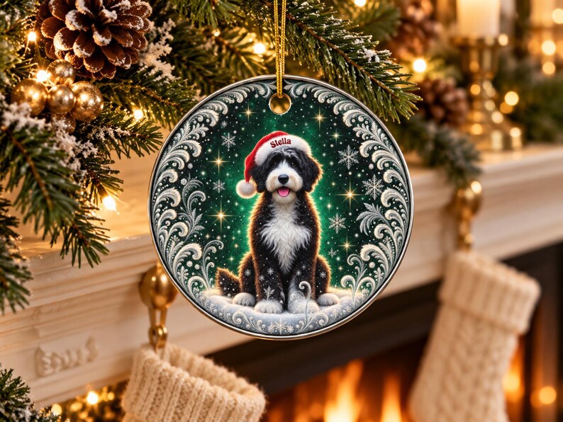 May include: A round ceramic Christmas ornament featuring a black and white Bernedoodle dog wearing a red Santa hat with the name Stella printed on it. The dog sits against a dark green background with white snowflakes and ornate silver borders.