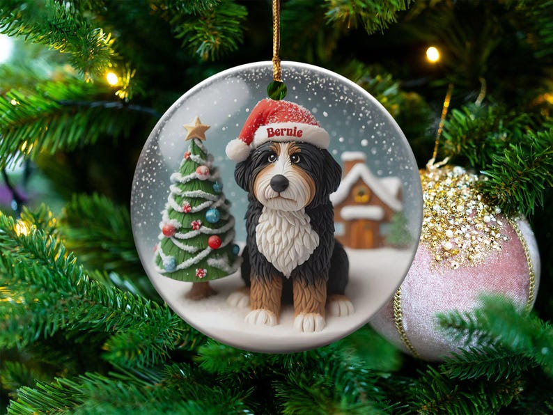 Bernedoodle Keepsake, Custom Name Ornament - Glossy Round Ceramic - Sublimation Printed Dog Lover Gift, Holiday Tree Decor image 10