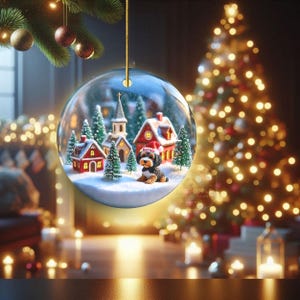 Snow globe style design personalized ceramic bernedoodle ornament with a warm backdrop Christmas dog ornament with festive winter scene.  Great gift idea for doodle moms and doodle dog lovers!