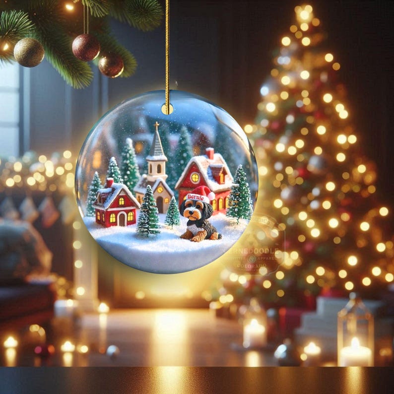 Snow globe style design personalized ceramic bernedoodle ornament with a warm backdrop Christmas dog ornament with festive winter scene.  Great gift idea for doodle moms and doodle dog lovers!