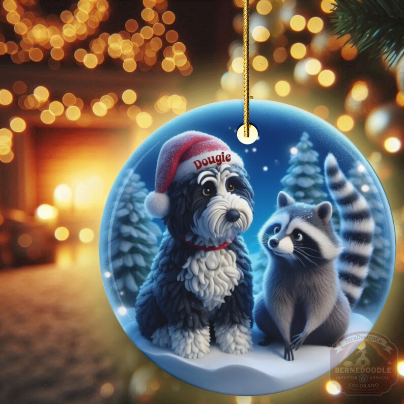 A 3-inch double-sided ceramic Christmas ornament featuring an adorable claymation-style Bernedoodle wearing a red Santa hat personalized  sitting beside a cute raccoon under a snowy winter night sky. The ornament has crisp detailing, soft blue tones, and a warm Christmas glow in the blurred background. Perfect for Bernedoodle lovers, handmade Christmas gift shoppers. High-quality ceramic with vibrant colors, ideal for tree decorating, pet memorial ornaments, or festive seasonal displays.