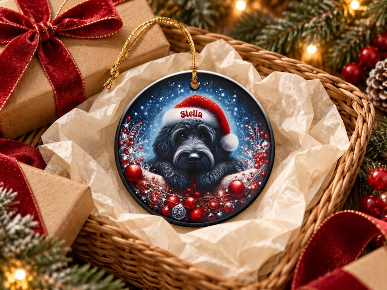May include: A round ceramic Christmas ornament featuring a black dog wearing a red and white Santa hat with the name Stella printed in red. The background shows a snowy night scene with red berries and ornaments hanging from a gold string.