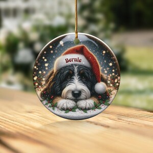 Custom Pet Ornament - Bernedoodle Santa Hat Pup, Two Sided Sublimation (3 Inch Round, Ceramic Keepsake) image 8