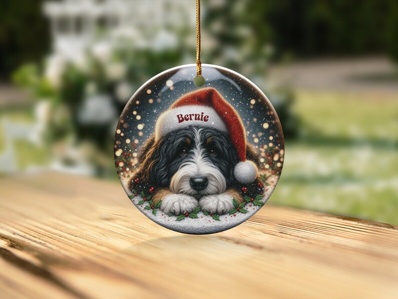 Custom Pet Ornament - Bernedoodle Santa Hat Pup, Two Sided Sublimation (3 Inch Round, Ceramic Keepsake) image 8