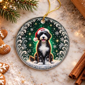 May include: A round ceramic Christmas ornament featuring a black and white Bernedoodle dog wearing a red Santa hat with the name Stella printed on it. The dog is centered against a dark green background with white snowflakes and gold stars.