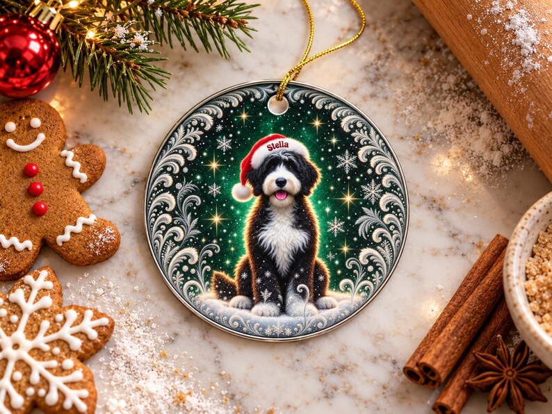 May include: A round ceramic Christmas ornament featuring a black and white Bernedoodle dog wearing a red Santa hat with the name Stella printed on it. The dog is centered against a dark green background with white snowflakes and gold stars.