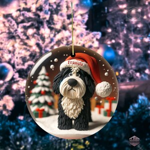 Cute Bernedoodle Ornament featuring a clay style ornament peering at the magic of Christmas.  Personalized Ornament and great gift for any doodle mom or doodle dad.