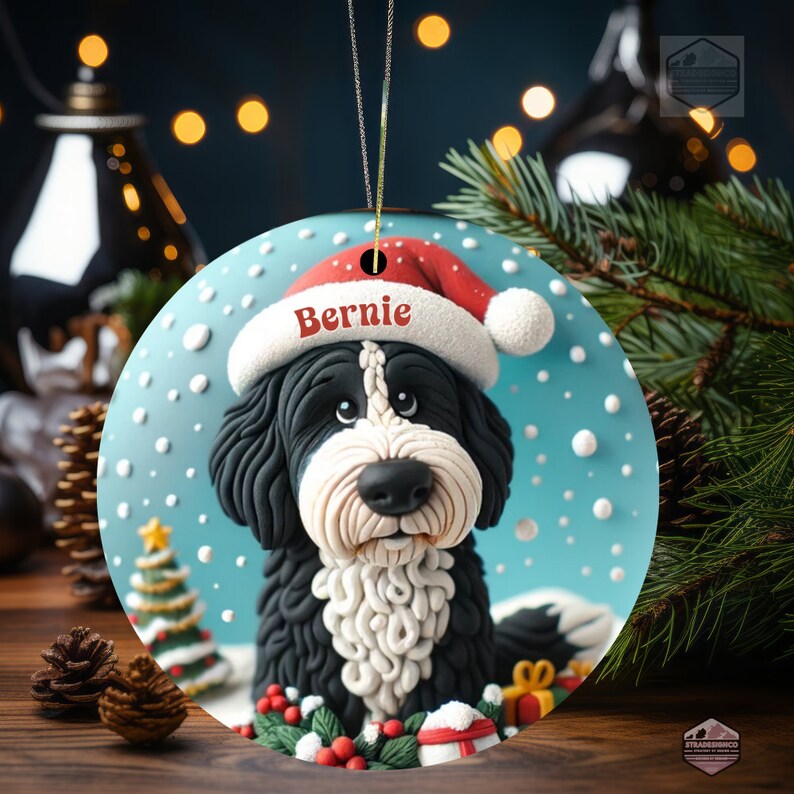 Cute clay style bernedoodle looking worried that Santa isnt coming.  Personalized bernedoodle ornament.