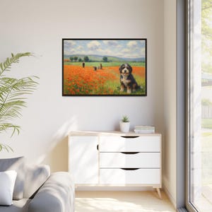 Bernedoodle Classic in un campo di papaveri - Tela incorniciata immagine 11