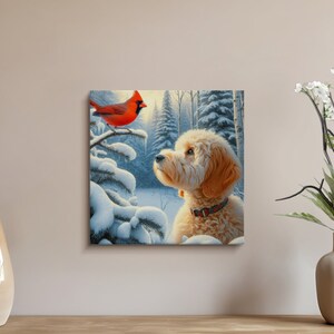Goldendoodle Dog and Cardinal Art, Choose Canvas or Poster, Dogs and Red Cardinal, white Goldendoodle, Pet Person Gift, Doodle Mom Dad Gifts