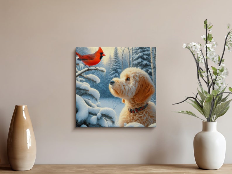 Goldendoodle Dog and Cardinal Art, Choose Canvas or Poster, Dogs and Red Cardinal, white Goldendoodle, Pet Person Gift, Doodle Mom Dad Gifts