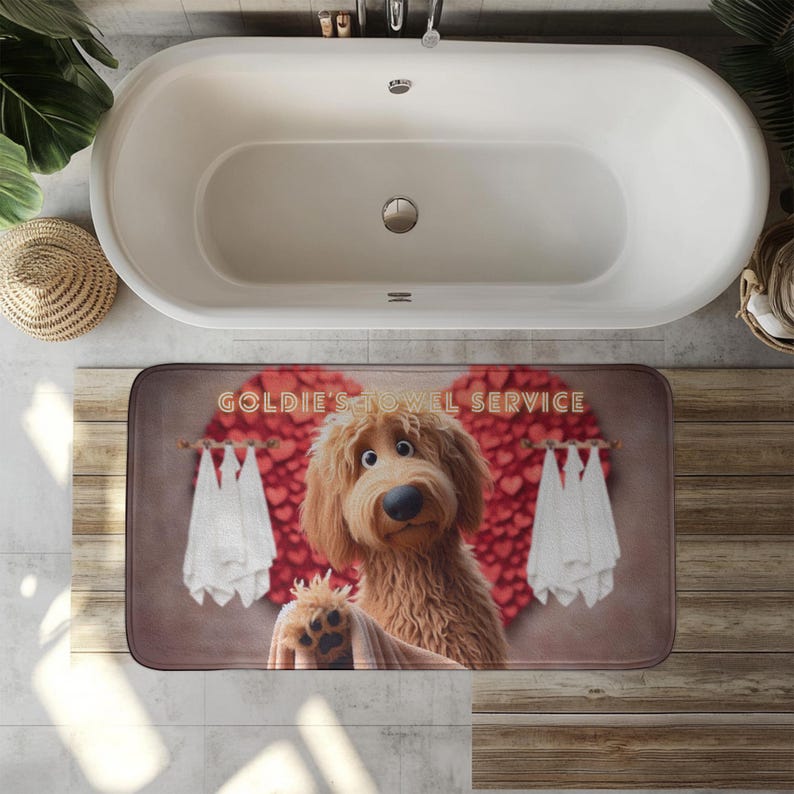 A cute golden doodle stands in front of a fluffy red heart backdrop, holding a brown towel on a cozy bath mat. White towels hang on either side, creating a spa-like feel. The text “Goldie’s Towel Service” sits above the doodle. Perfect for dog lovers, bathroom décor, and pet-themed home accents.